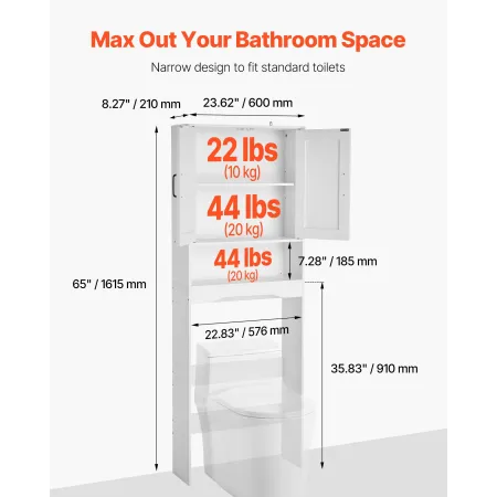 Over The Toilet Storage Cabinet, 165.1 cm Height Bathroom Storage Organizer with Double Door and Adjustable Shelf, Bathroom Spac
