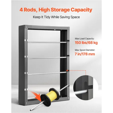VEVOR Wire Spool Rack, 4 Adjustable Rods, Cold-Rolled Steel Wire Spool Holder Wall Mounted for Multi-Spools, Wiring Storage, 68k