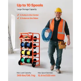 VEVOR trådrullestativ, 11 stænger, multispolet trådstativdispenser, kabelholder med hjul, kabelholder med opbevaringsbakke til