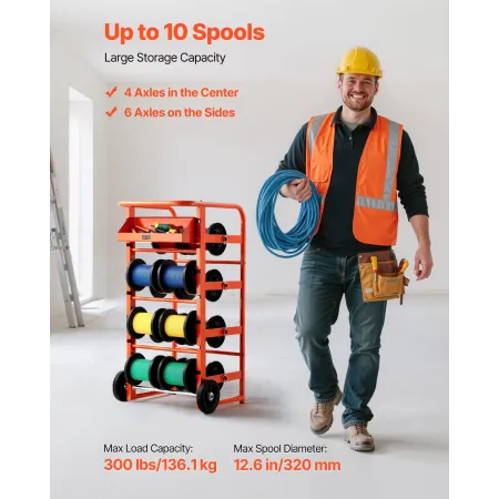 VEVOR Wire Spool Rack, 11 Rods, Multi-Spool Wire Rack Dispenser, Cable Caddy with Wheels, Cable Holder with Storage Tray for Wir