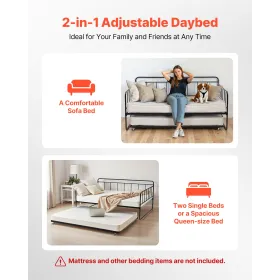 Full Size Daybed Frame, Day Bed with Trundle, Heavy Duty Metal Platform Bed Frame, Full Daybed with Metal Slats Support for Livi