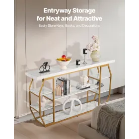 VEVOR Marble Console Table, 3 Tiers Modern Console Table for Open Storage, Golden Geometric Table with Iron Tubes, Anti-Tip Devi