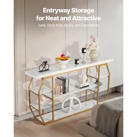 Marble Console Table, 3 Tiers Modern Console Table for Open Storage, Golden Geometric Table with Iron Tubes, Anti-Tip Device and