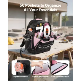 VEVOR Tool Backpack, 56 Pockets, Heavy-duty Tools Storage Organizer Work Bags with Laptop Compartment & Molded Base, Electrician