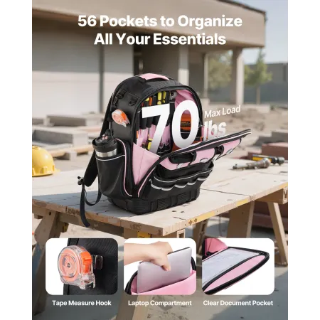 VEVOR Tool Backpack, 56 Pockets, Heavy-duty Tools Storage Organizer Work Bags with Laptop Compartment & Molded Base, Electrician