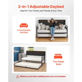 Twin Size Daybed Frame, Day Bed with Trundle, Heavy Duty Metal Platform Bed Frame with Charging Station, Twin Daybed with Metal 