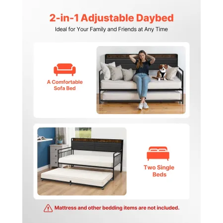 VEVOR Twin Size Daybed Frame, Day Bed with Trundle, Heavy Duty Metal Platform Bed Frame with Charging Station, Twin Daybed with 