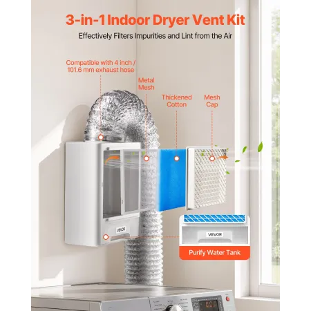 VEVOR 3-i-1 indendørs tørreventilationssæt, premium ABS-materiale med vandskuffe Passer til 99 mm udstødningsport, smart