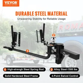 VEVOR Weight Distribution Hitch, 1,500 lbs Weight Distributing Hitches Kit with Sway Control for Trailer, 2-In Solid Steel Shank