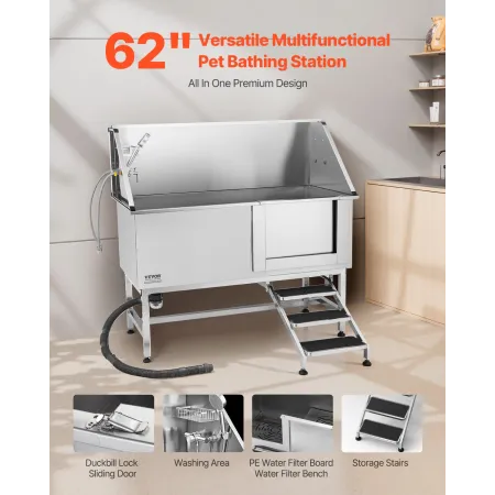 VEVOR Stainless Steel Dog Washing Station, 157.48 cm Pet Grooming Tub w/ Stairs, PE Water Filter Board, Faucet & Showerhead & So