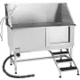 Stainless Steel Dog Washing Station, 157.48 cm Pet Grooming Tub w/ Stairs, PE Water Filter Board, Faucet & Showerhead & Soap Hol