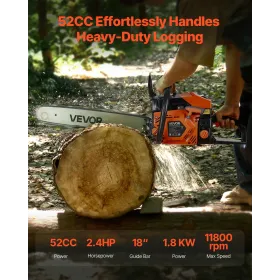 VEVOR 52 cc Gas Chainsaw, 18 inch Gas Powered Chainsaw, 2.4 HP Power Chain Saw with Non-Slip Handle, Gas-Powered Chainsaws with 