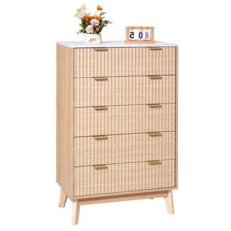 5 Fluted Drawer Dresser Wooden Chest of Drawers with Sliding & Anti-tip