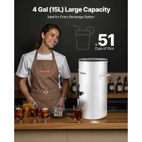 Ice Tea Dispenser, 4 Gal/15L 304 Stainless Steel Beverage Dispenser with Spigot & Handle, Suitable for Hot and Cold Drinks, for 