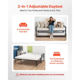 Twin Size Daybed Frame, Day Bed with Trundle, Heavy Duty Metal Platform Bed Frame, Twin Daybed with Metal Slats Support for Livi