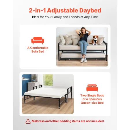 VEVOR Twin Size Daybed Frame, Day Bed with Trundle, Heavy Duty Metal Platform Bed Frame, Twin Daybed with Metal Slats Support fo