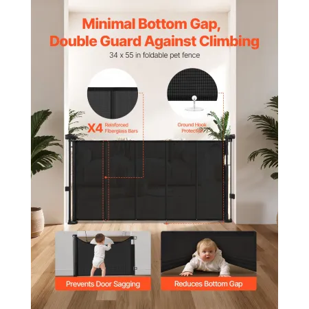 Retractable Baby Gate, 870 mm Tall, Extends up to 1400 mm Wide, Retractable Gate for Kids or Pets, Mesh Material, Easy to Instal
