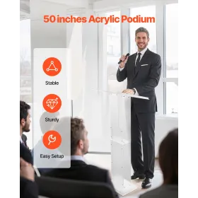 VEVOR Podium Stand, 1265 mm Acrylic Lectern, Portable Laptop Desk with Wide Reading Surface and Storage Shelf, Book Stopper, Flo