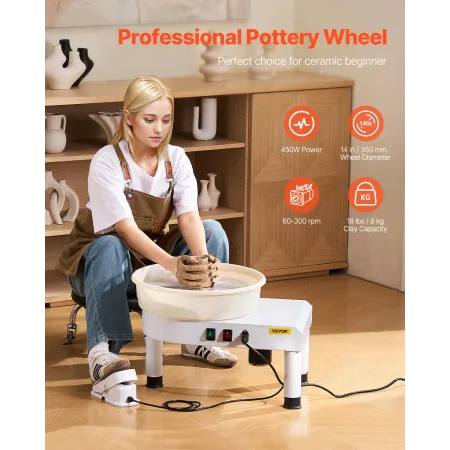 VEVOR Pottery Wheel, 35 cm Ceramic Wheel Forming Machine, 60-300 RPM Speed Adjustable Foot Pedal, Adjustable Lift Leg, Detachabl