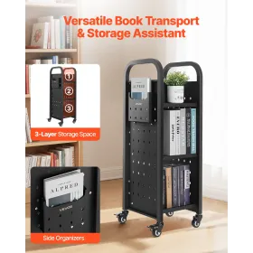 VEVOR rullende biblioteksbogsvogn, 100 kg Kapacitet, 32 x 35 x 93,5 cm biblioteksvogn, enkeltsidede L-formede hylder med 50,8