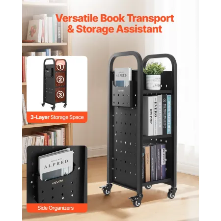 Rolling Library Book Cart, 100 kg Capacity, 32 x 35 x 93.5 cm Library Cart, Single Sided L-Shaped Shelves with 50.8 mm Lockable 
