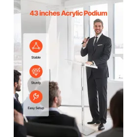 VEVOR Podium Stand, 1100 mm Acrylic Lectern, Portable Laptop Desk with Wide Reading Surface, Book Clips, Adjustable Angle, Floor