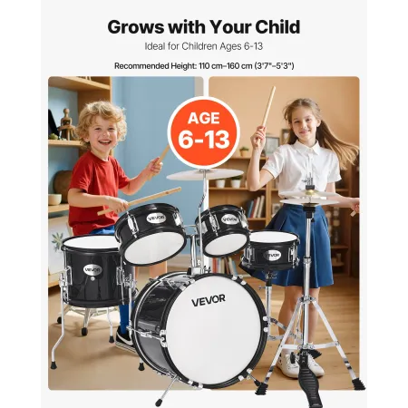 Kids Drum Set, 5-Piece 14 in / 355.6 mm Junior Drum Sets, Beginner Drums Set with Adjustable Throne and Two Pairs of Drumsticks,