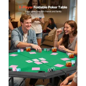 Foldable Poker Table, 8 Player 1220 mm Folding Casino Leisure Table with Padded Rails & Cup Holders, Octagonal Portable Game Tab