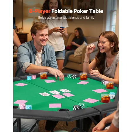 Foldable Poker Table, 8 Player 1220 mm Folding Casino Leisure Table with Padded Rails & Cup Holders, Octagonal Portable Game Tab