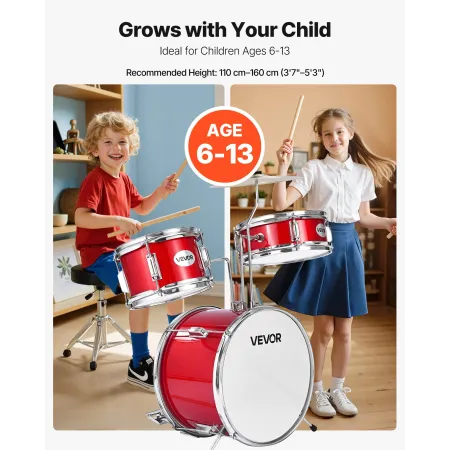 Kids Drum Set, 3-Piece 14 in / 355.6 mm Junior Drum Sets, Beginner Drums Set with Adjustable Throne and Two Pairs of Drumsticks,