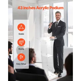 VEVOR Podium Stand, 1100 mm Acrylic Lectern, Portable Laptop Desk with Wide Reading Surface and Storage Shelf, Book Stopper, Flo