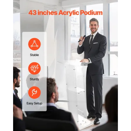 Podium Stand, 1100 mm Acrylic Lectern, Portable Laptop Desk with Wide Reading Surface and Storage Shelf, Book Stopper, Floor-Sta