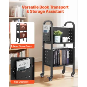Rolling Library Book Cart, 70 kg Capacity, 45 x 33 x 88 cm Library Cart, Double Sided L-Shaped Shelves with 50.8 mm Lockable Whe