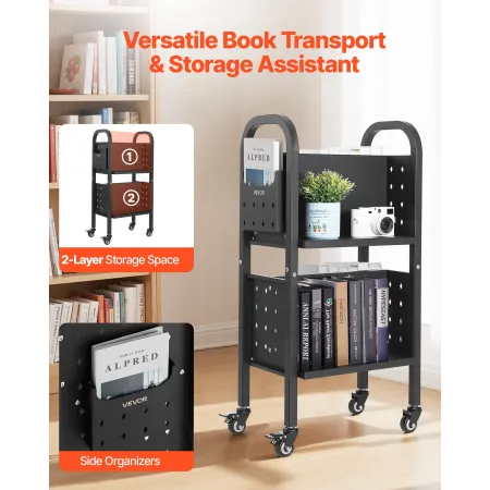 VEVOR Rolling Library Book Cart, 70 kg Capacity, 45 x 33 x 88 cm Library Cart, Double Sided L-Shaped Shelves with 50.8 mm Lockab
