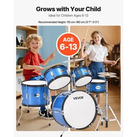 VEVOR Kids Drum Set, 5-Piece 16 in / 406.4 mm Junior Drum Sets, Beginner Drums Set with Adjustable Throne and Two Pairs of Drums