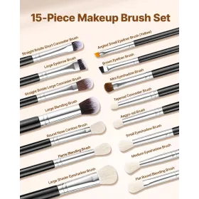 VEVOR 15-delt makeup børstesæt til foundation blending øjenskygge, professionelle veganske børster med bløde syntetiske