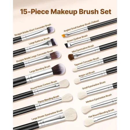 15-Piece Makeup Brush Set for Foundation Blending Eyeshadow, Professional Vegan Brushes with Soft Synthetic Bristles, Ergonomic 