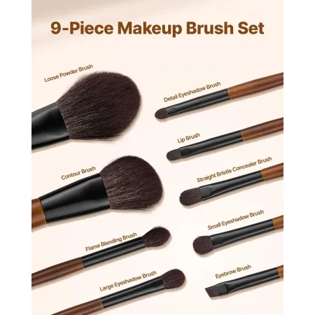 VEVOR 9-delt makeup børstesæt til foundation blending øjenskygge, professionelt makeup børstesæt med blød naturlig uld og