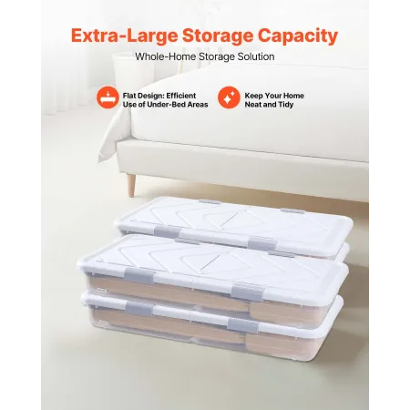 VEVOR Under Bed Storage with Wheels, 805 x 396 x 175 mm Underbed Containers, Underbed Shoes Organizer with Lid and Gray Latch, R