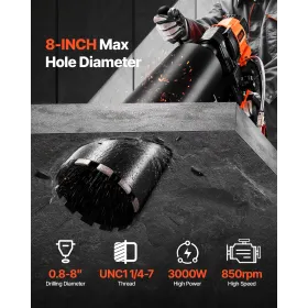 Diamond Core Drilling Machine, 20-200 mm Drilling Diameter, Stand-Mount Dry and Wet Concrete Core Drill Rig with 8 Drill Bits, 8