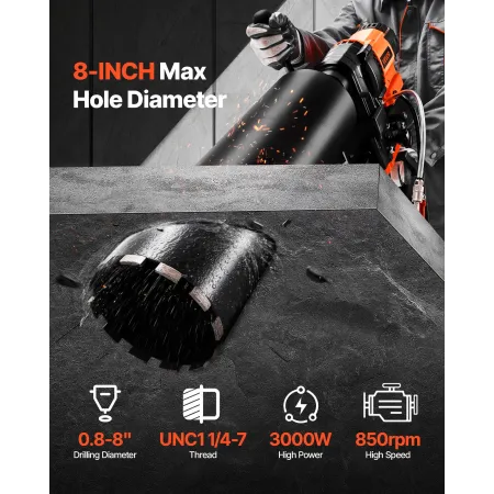 Diamond Core Drilling Machine, 20-200 mm Drilling Diameter, Stand-Mount Dry and Wet Concrete Core Drill Rig with 8 Drill Bits, 8