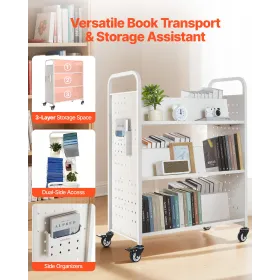 VEVOR rullende biblioteksbogsvogn, 150 kg Kapacitet, 97 x 51,5 x 122,5 cm biblioteksvogn, dobbeltsidede W-formede hylder med
