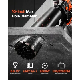 VEVOR Diamond Core Drilling Machine, 20-254 mm Drilling Diameter, Stand-Mount Dry and Wet Concrete Core Drill Rig with 10 Bits, 