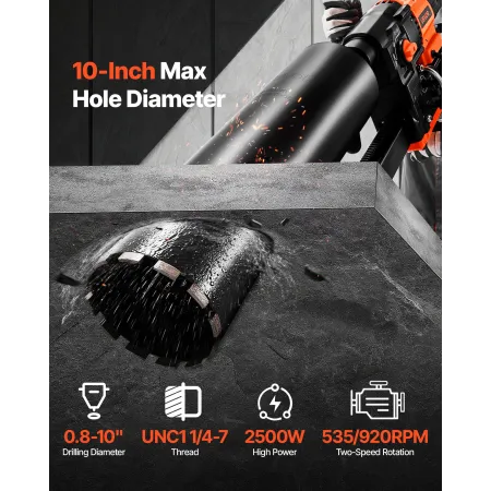 VEVOR Diamond Core Drilling Machine, 20-254 mm Drilling Diameter, Stand-Mount Dry and Wet Concrete Core Drill Rig with 10 Bits, 