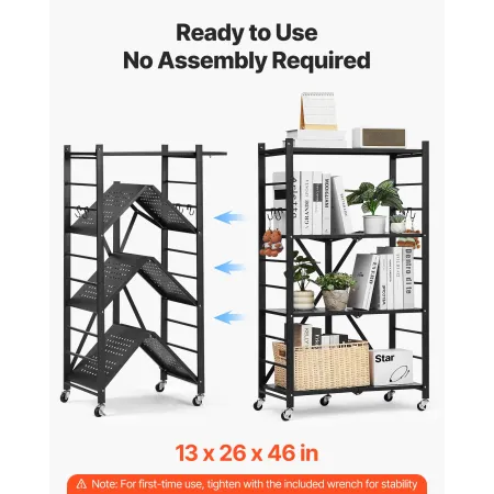 4-Tier Foldable Storage Shelf, 26W x 13D x 46H Inch Folding Metal Rack Shelving Unit, No Assembly Organizer Shelf with 5 Wheels 