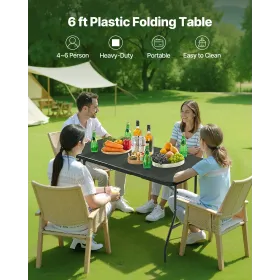 VEVOR Folding Table, 6 Ft Heavy Duty Portable Fold-in-Half Utility Table, Indoor Outdoor Plastic Rectangle Table with Built in H