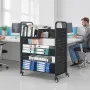 Rolling Library Book Cart, 150 kg Capacity, 97 x 51.5 x 122.5 cm Library Cart, Double Sided W-Shaped Shelves with 76.2 mm Lockab