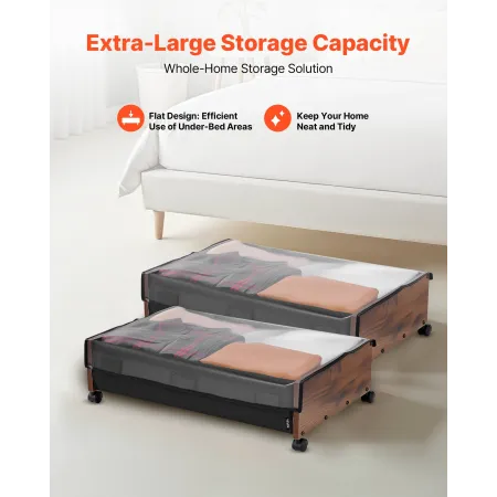 Under Bed Storage with Wheels, 650 x 460 x 180 mm Underbed Containers, Underbed Shoes Organizer with Lockable Wheels, Rolling Un