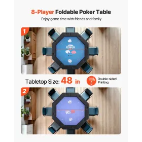 Foldable Poker Table, 8 Player 1220 mm Folding Casino Leisure Table with Padded Rails & Cup Holders, Octagonal Portable Game Tab