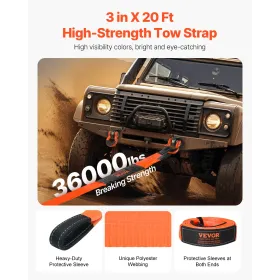 VEVOR Heavy Duty Tow Strap Recovery Kit 76.2 mm x 6.1 m (MBS-16329 kg) Tree Saver Winch Strap, Triple Reinforced Loop & Protecti